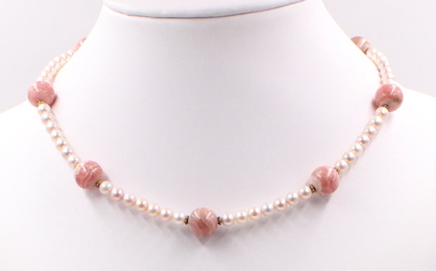 Collana Girocollo - Perle Rosa e Rodocrosite. Argento 925. Pietra preziosa, pietre preziose, Roma, gioielli etnici, Gioielli artigiani, pietre naturali.